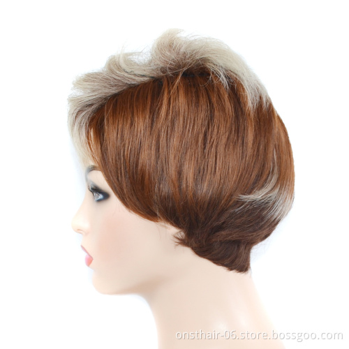 Short Wavy Curly Synthetic Bob Pixie Mushroom Short Cut Wigs Machine Made Hair Brown and White Wig for Black Women with Bangs
